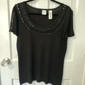 Emma James Black Top Decorative Round Neck Short Sleeve Size Large (L)